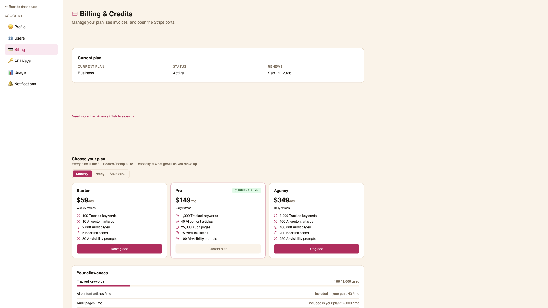 The Billing & Credits page with the current plan and plan comparison