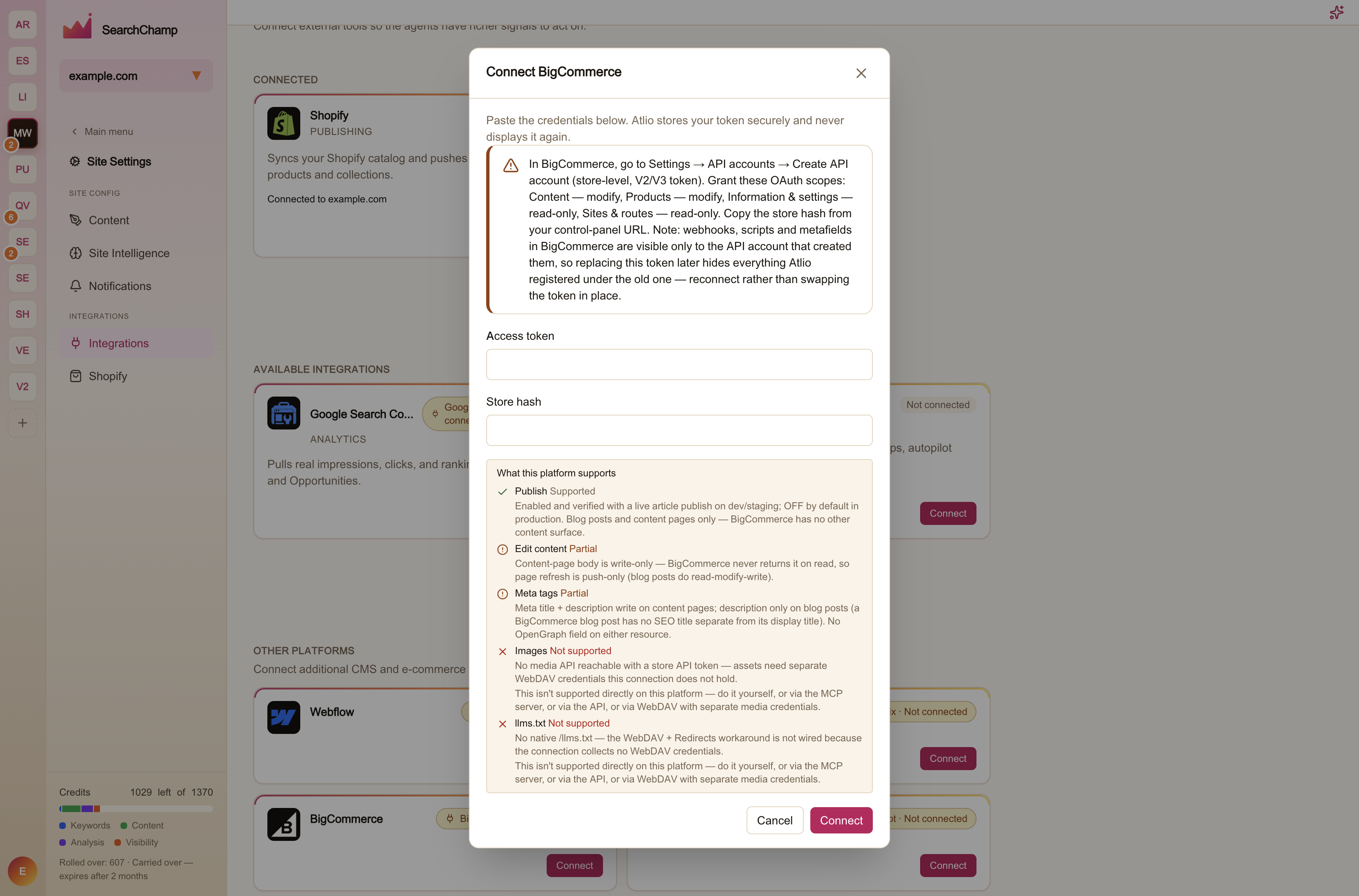 The Connect BigCommerce dialog
