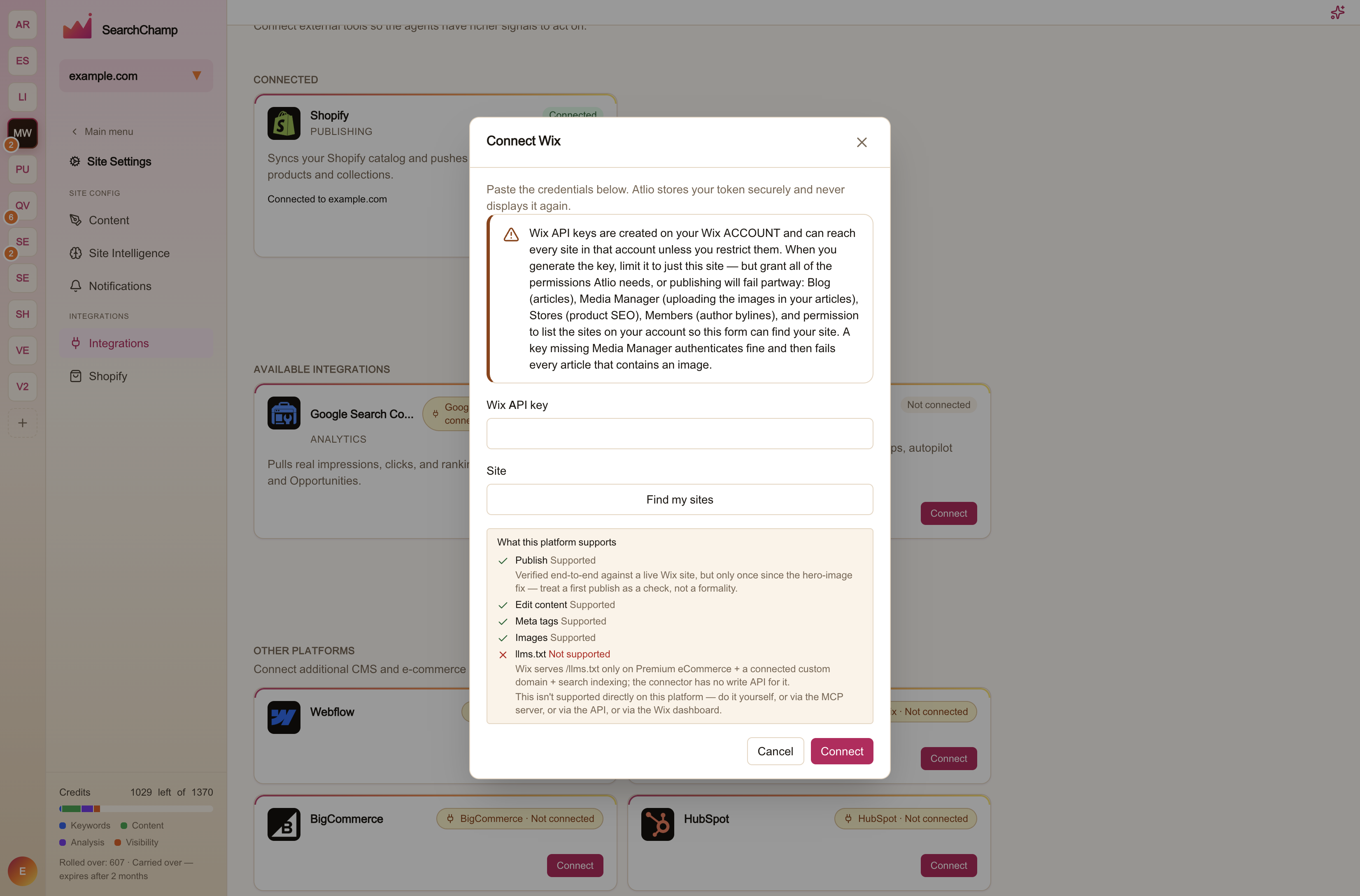 The Connect Wix dialog