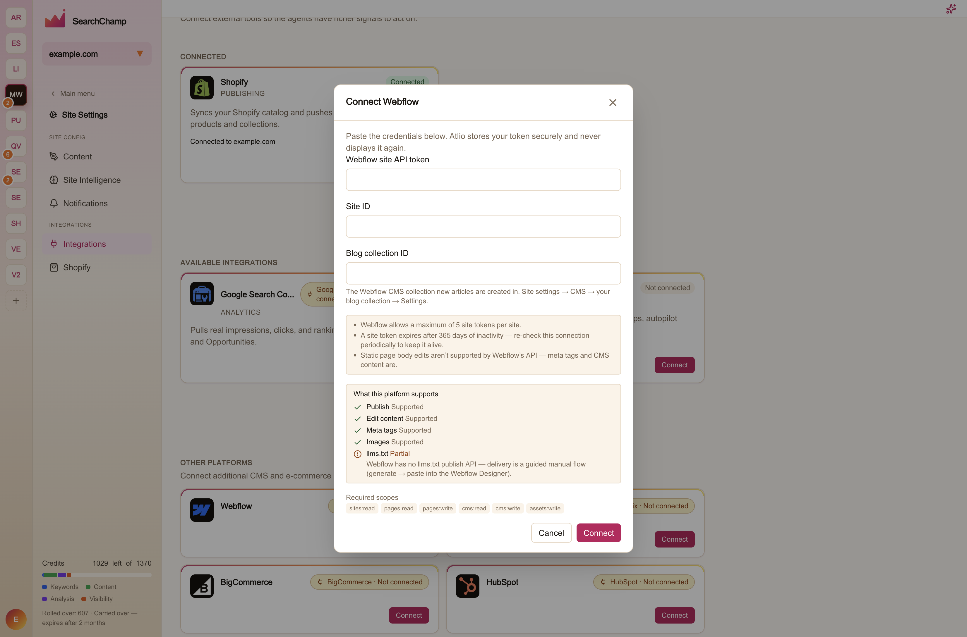 The Connect Webflow dialog