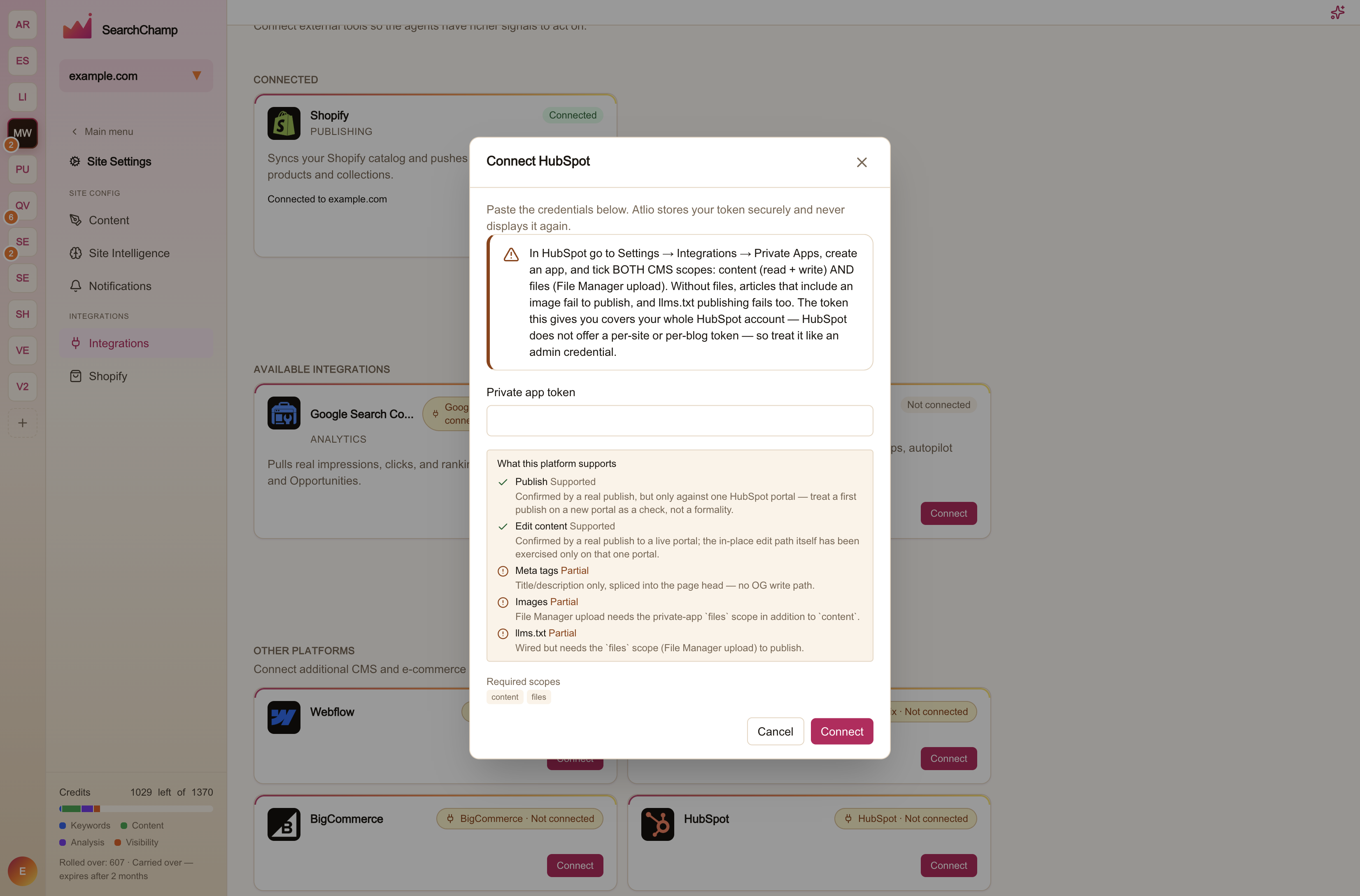 The Connect HubSpot dialog