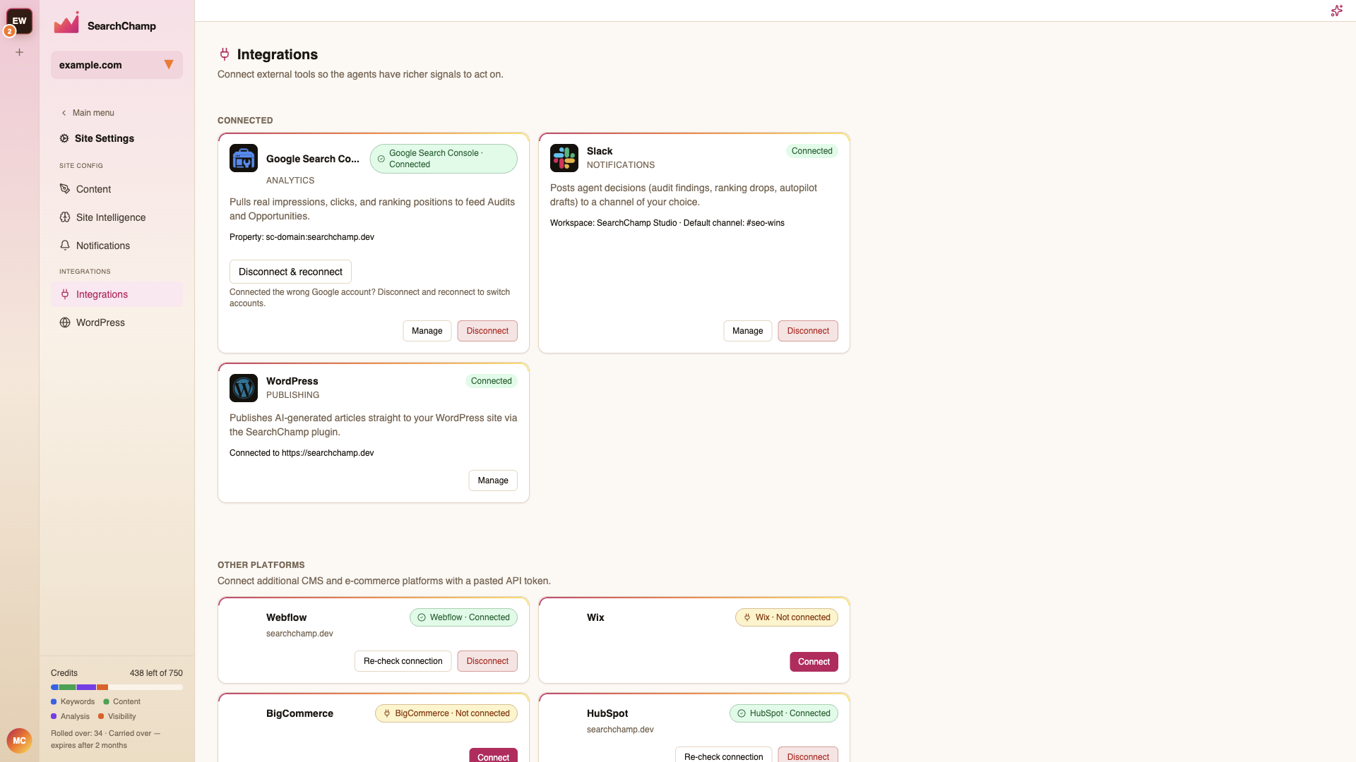 Site settings Integrations with Google Search Console connected