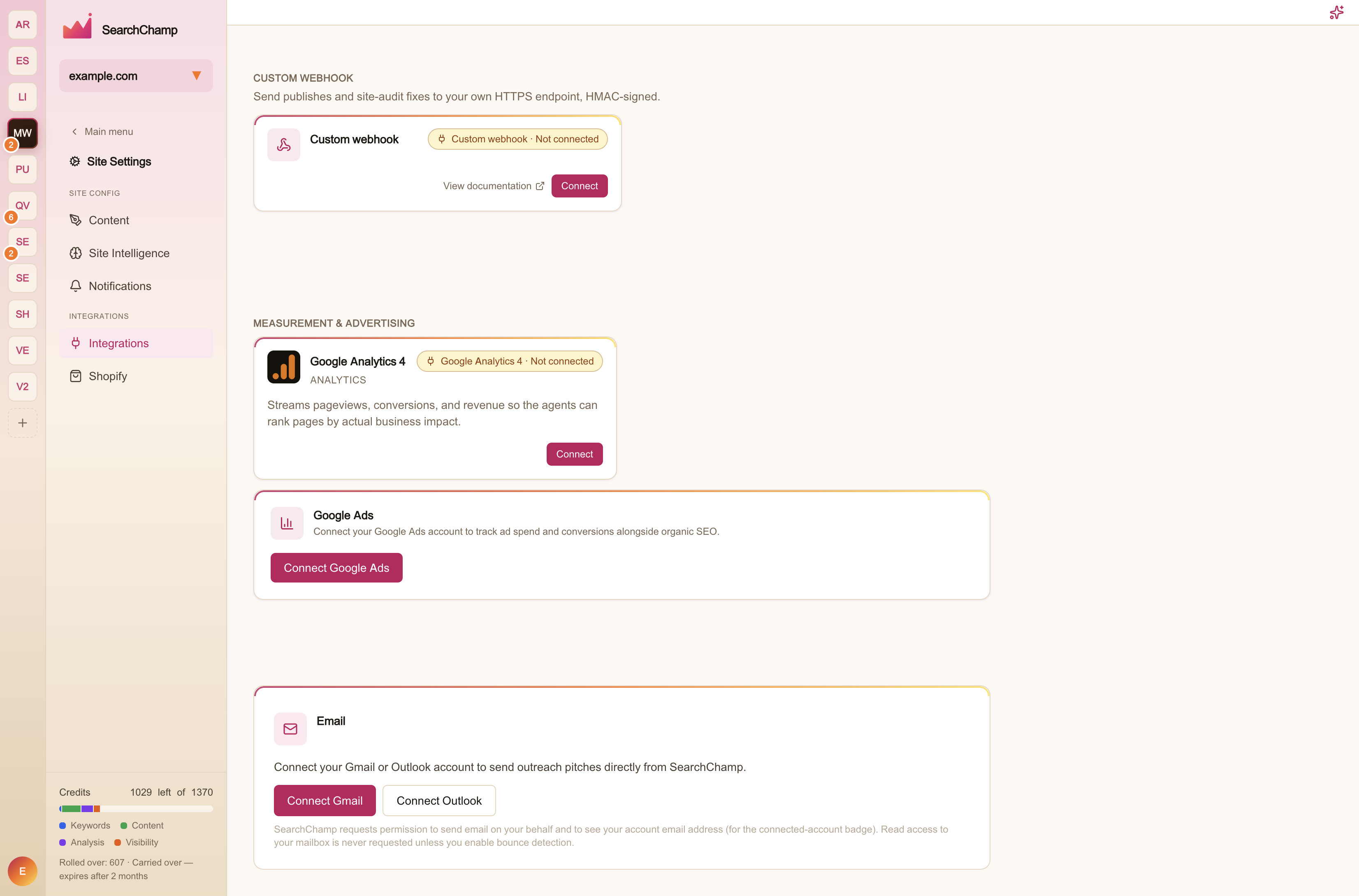 The Email panel on the Integrations page