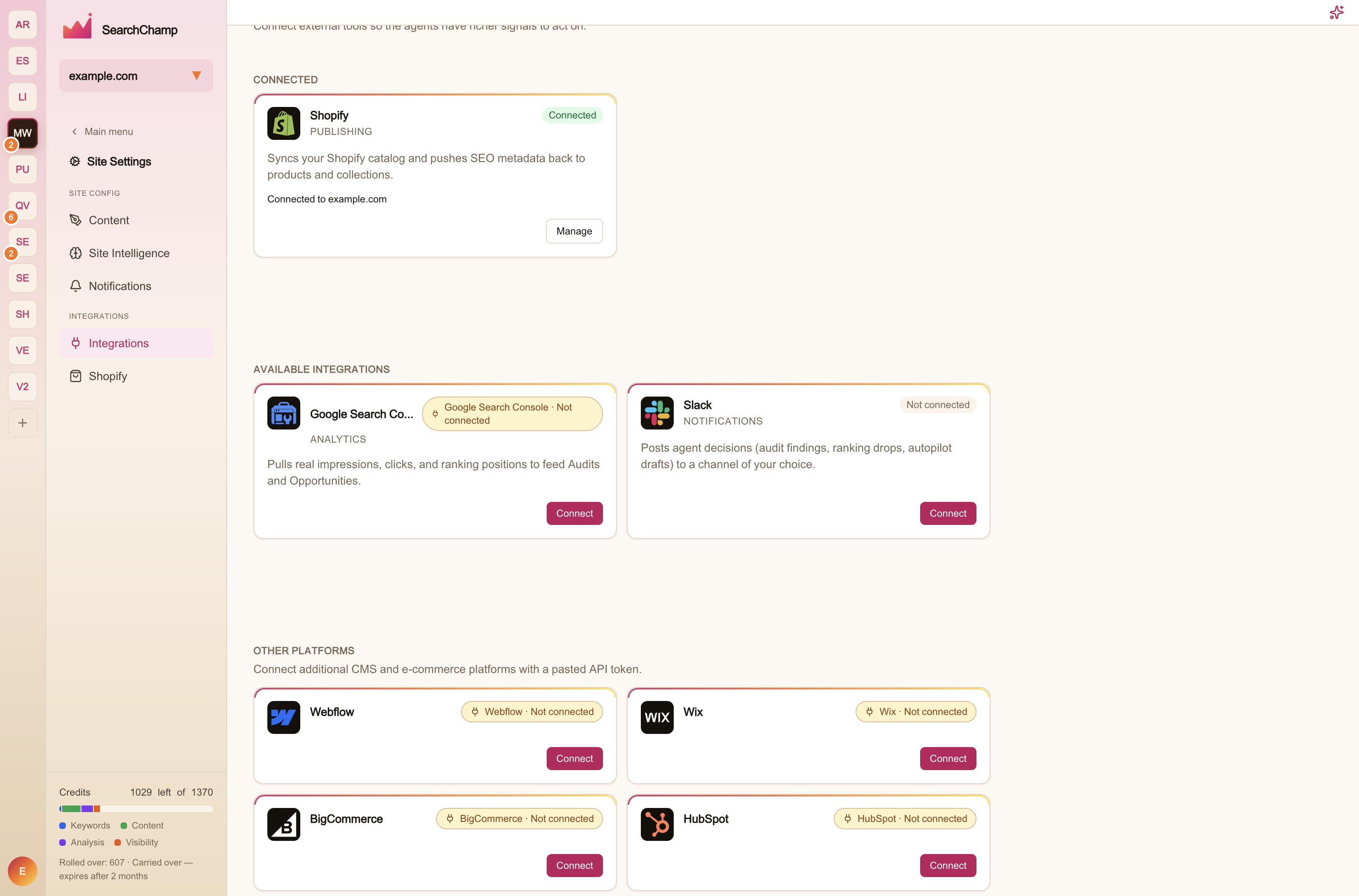The Integrations page with the Slack card