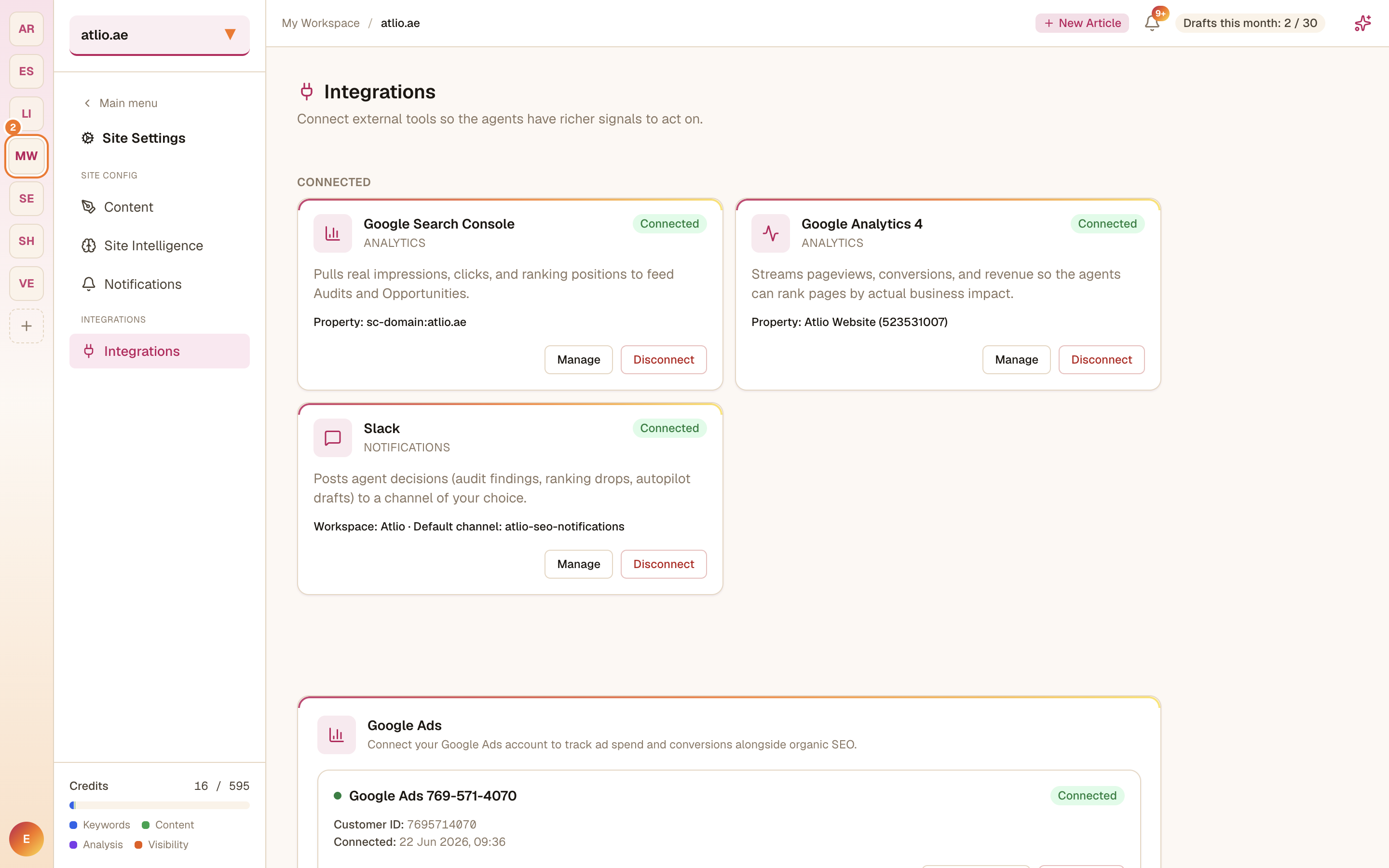 The Integrations page showing Search Console and GA4 connected, plus other available integrations