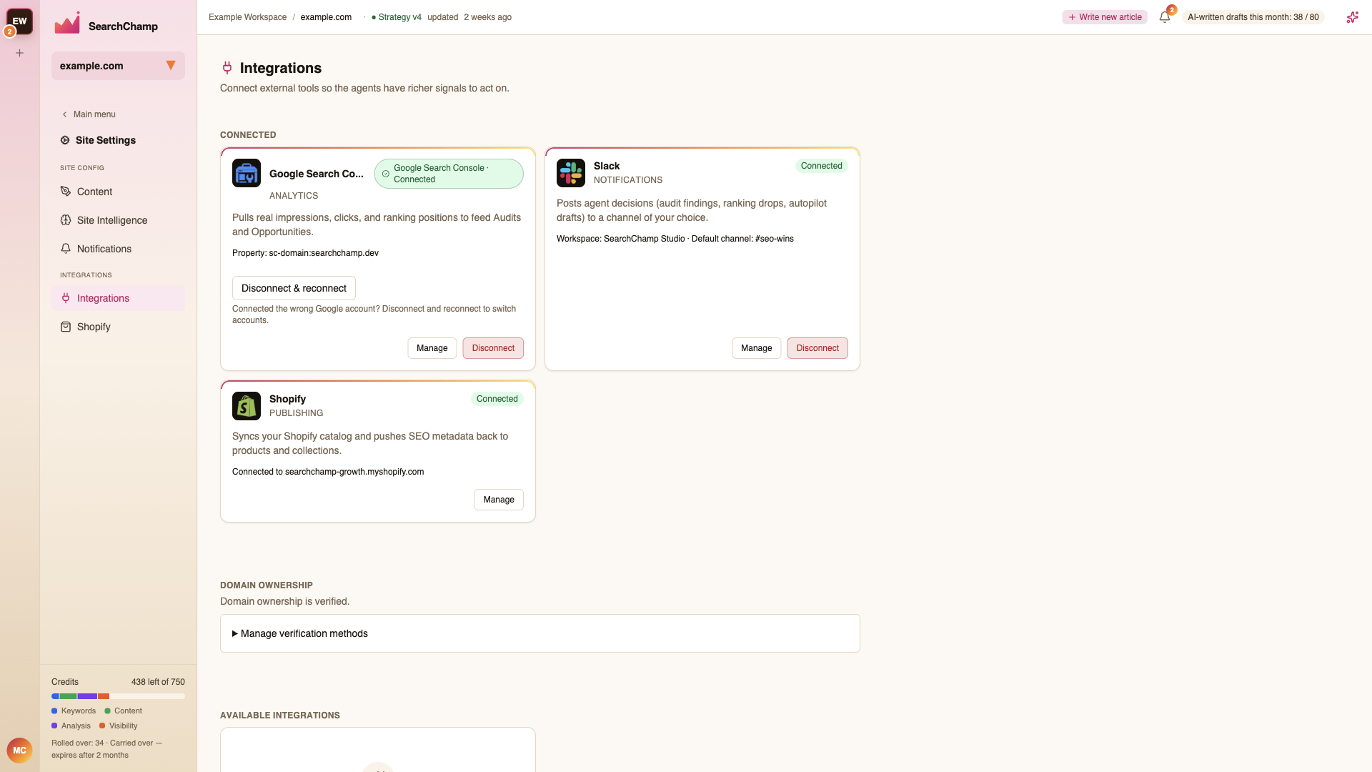 The Integrations page with the Shopify connection