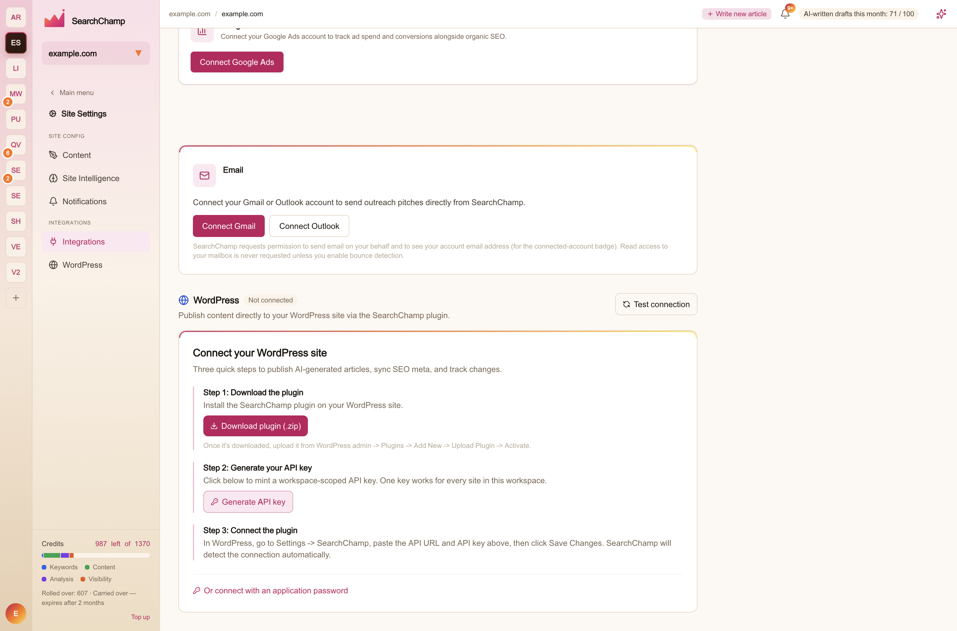 The WordPress connect panel on the Integrations page