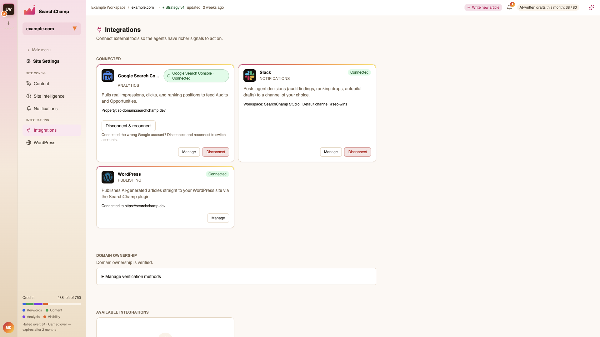 The Integrations page showing Search Console and GA4 connected, plus other available integrations