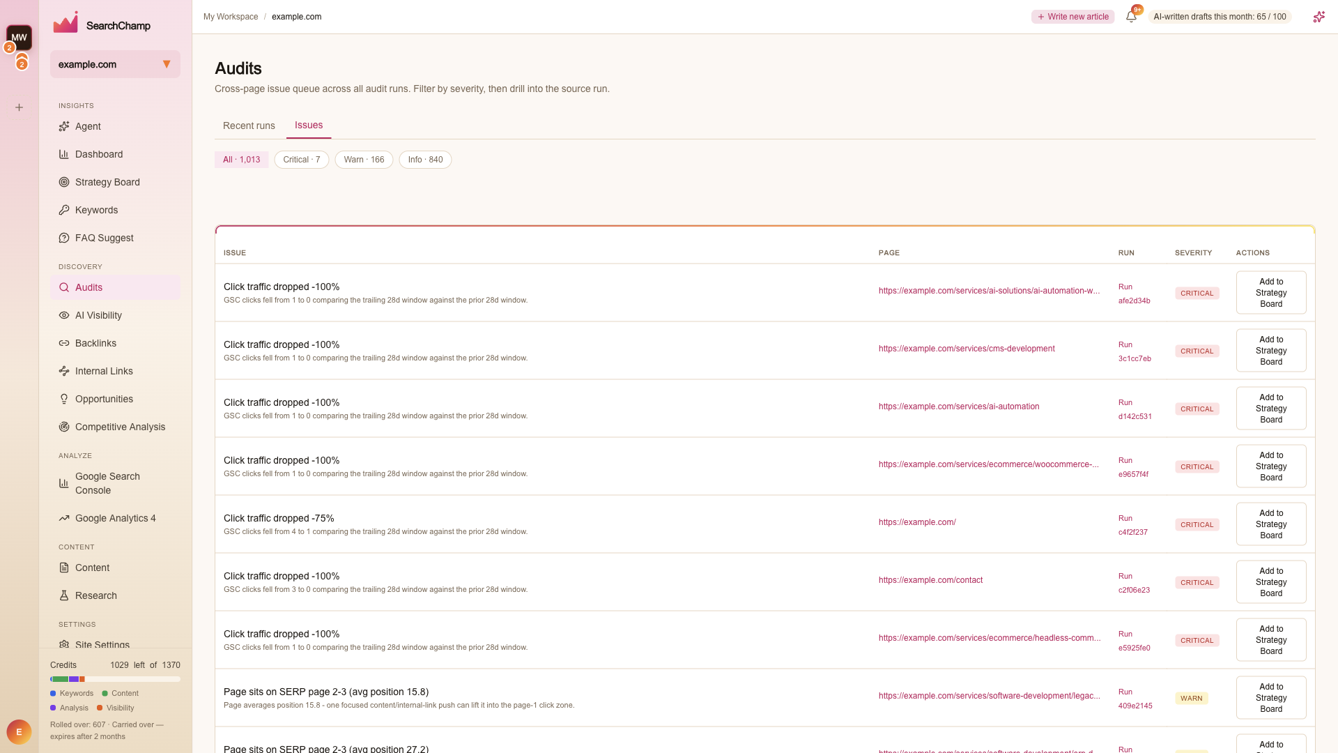 The Issues queue filtered by severity, with page and source run