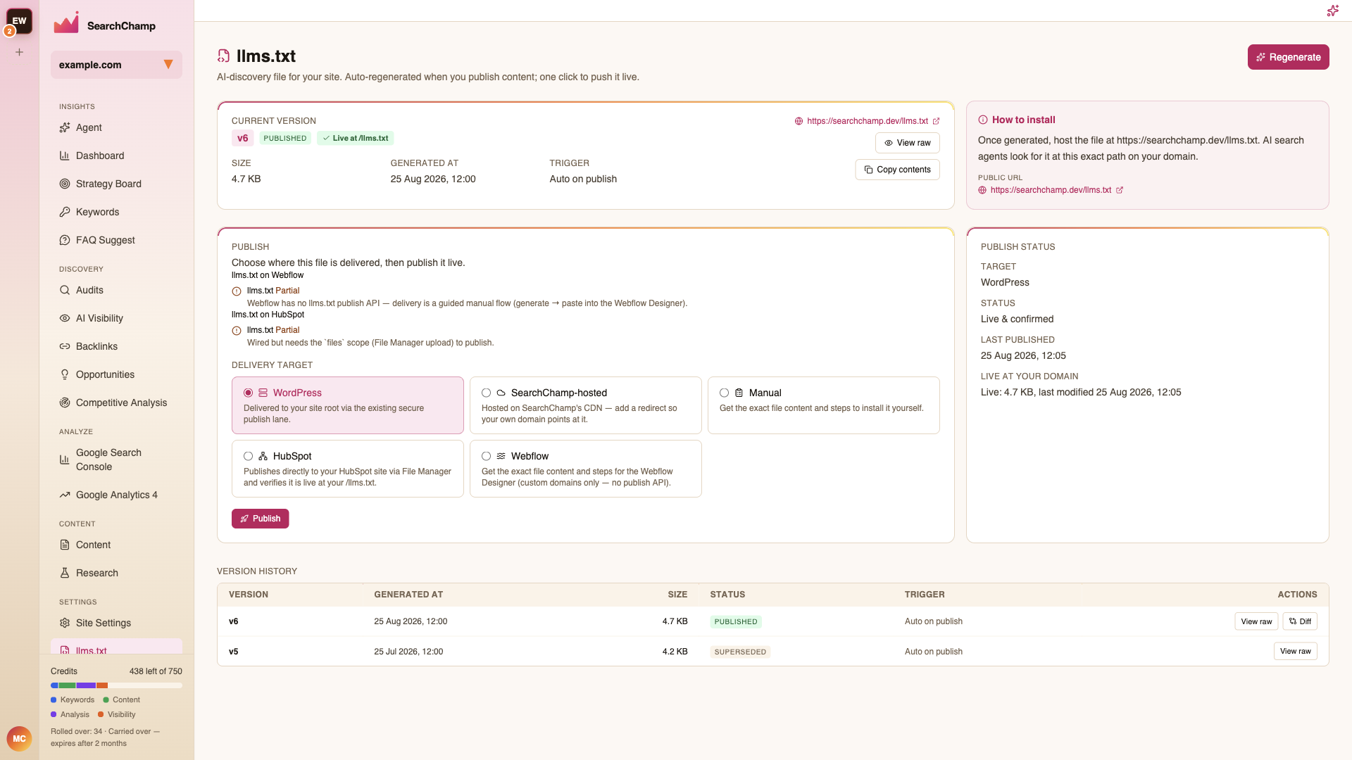 The llms.txt generator with the current version and publish controls