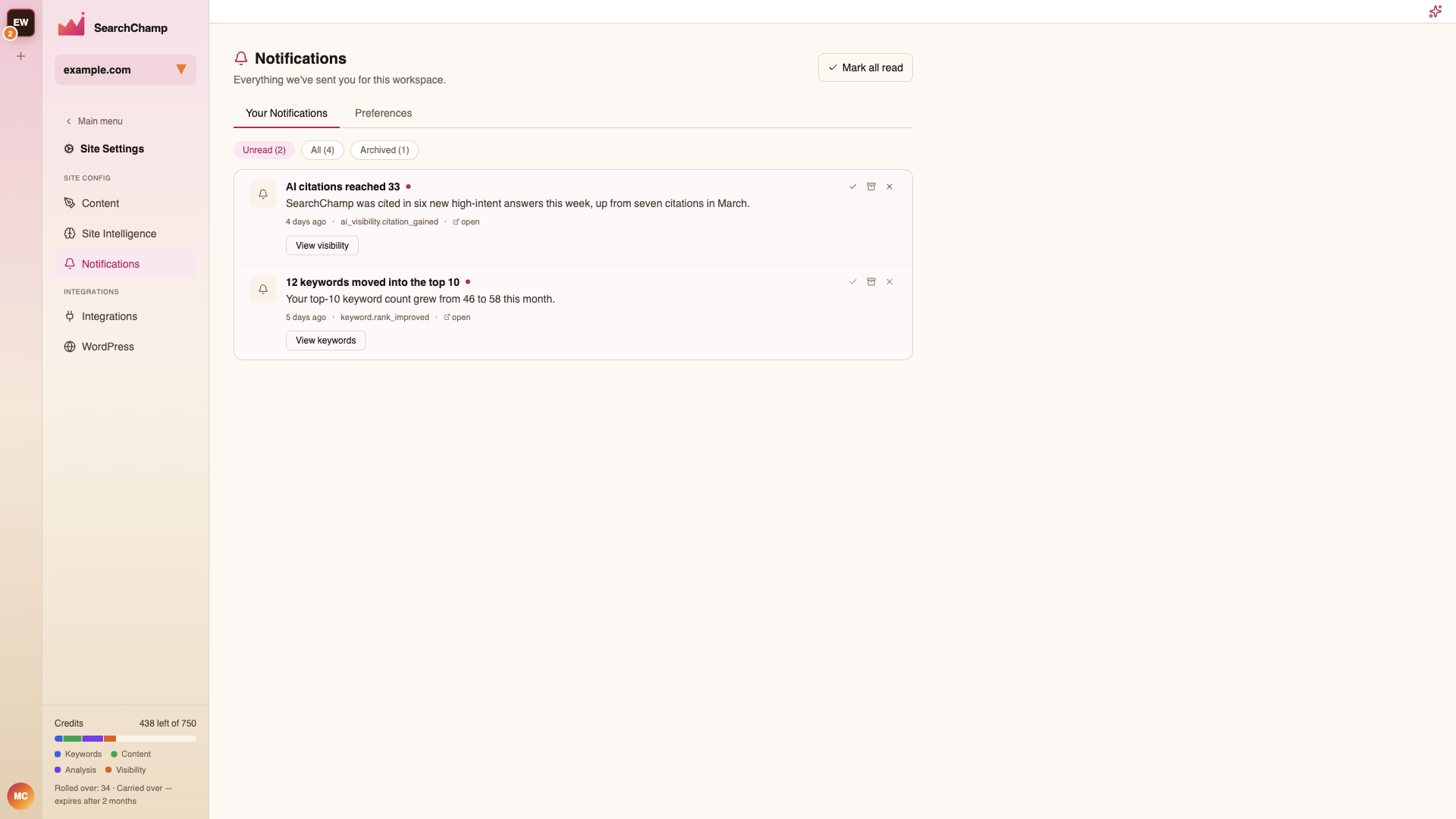 The Notifications panel with unread, all, and archived tabs and typed alerts