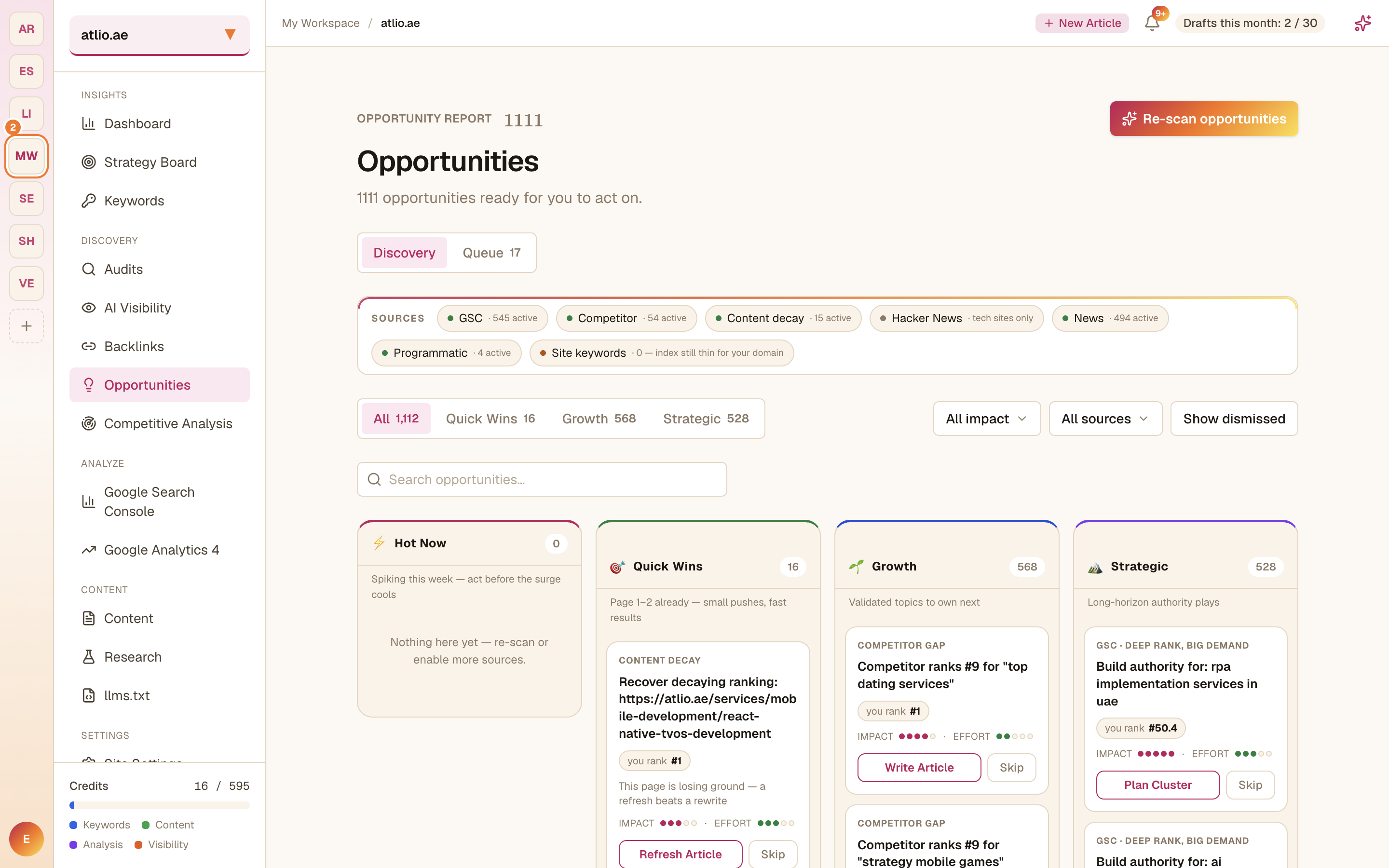 The Opportunities discovery view listing the sources and their health