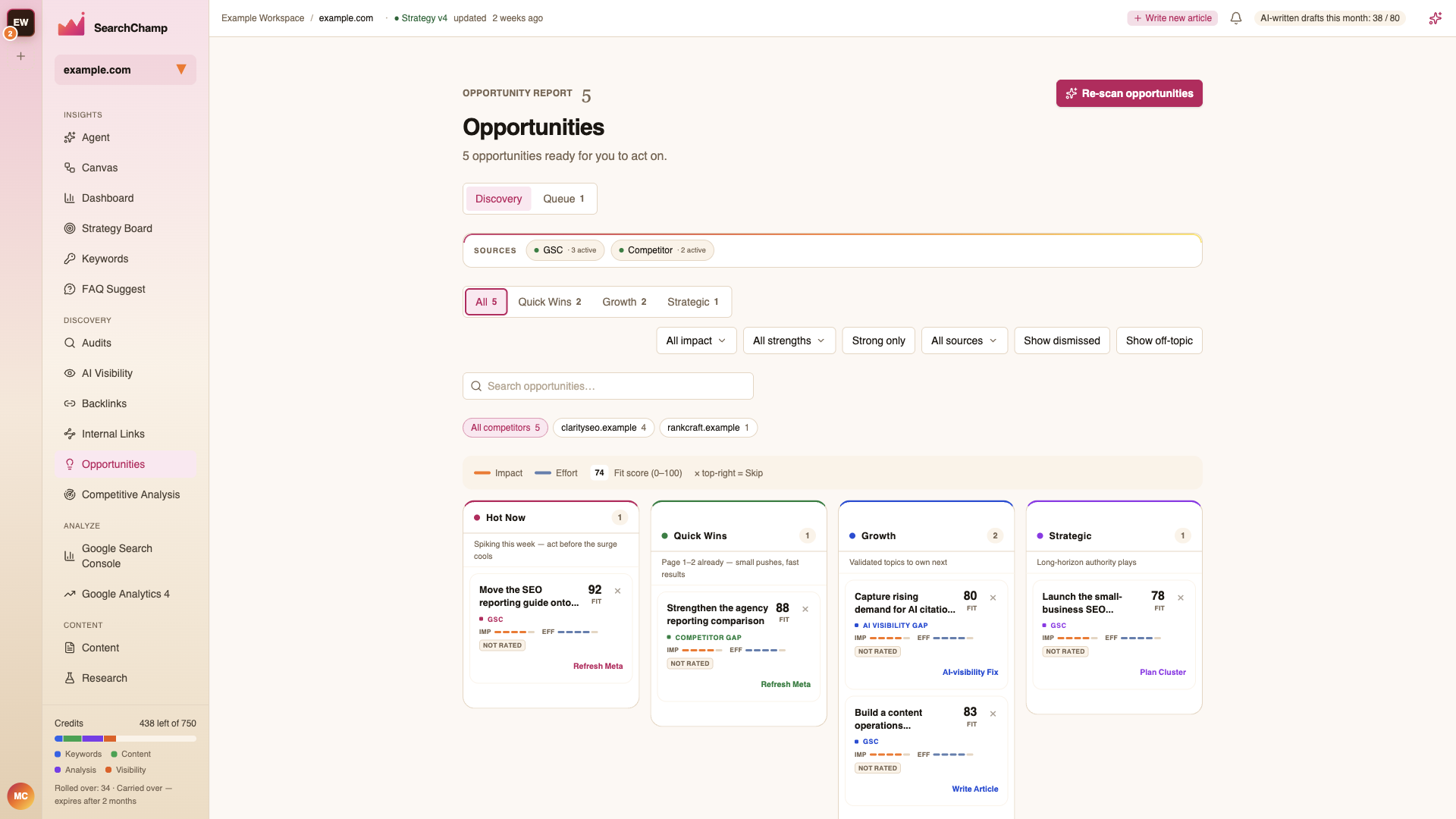 The Opportunities discovery view listing the sources and their health