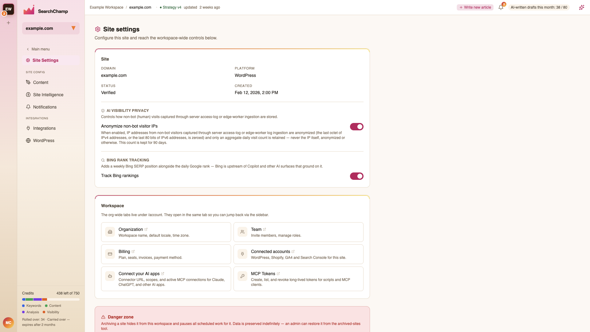 Site settings showing the domain and a Verified status
