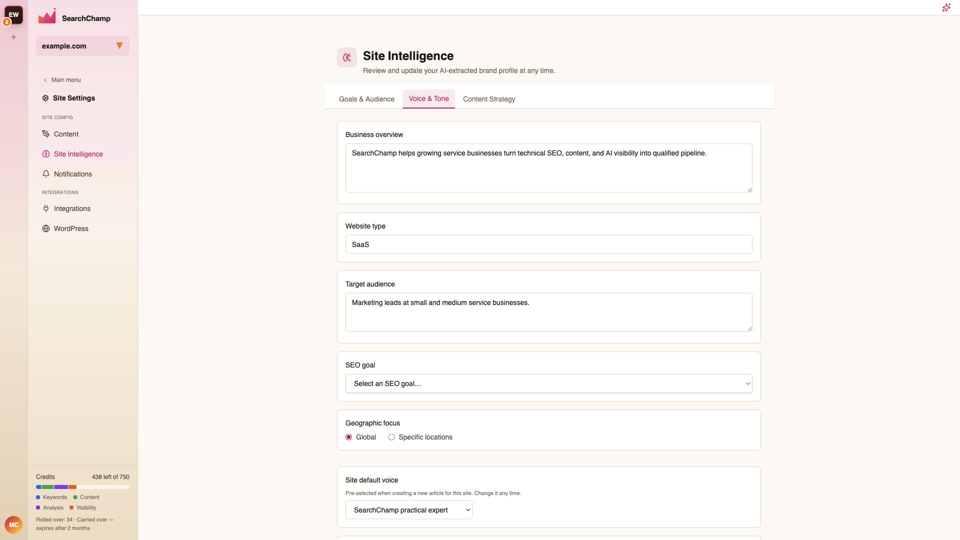 The Site Intelligence brand profile with Goals & Audience, Voice & Tone, and Content Strategy