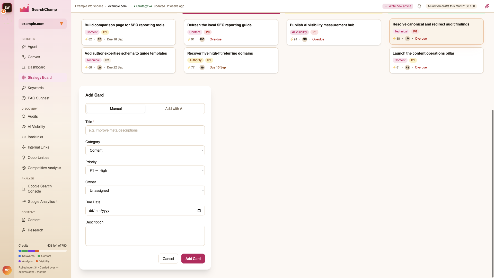 The Add Card dialog with title, category, priority, owner, and due date fields