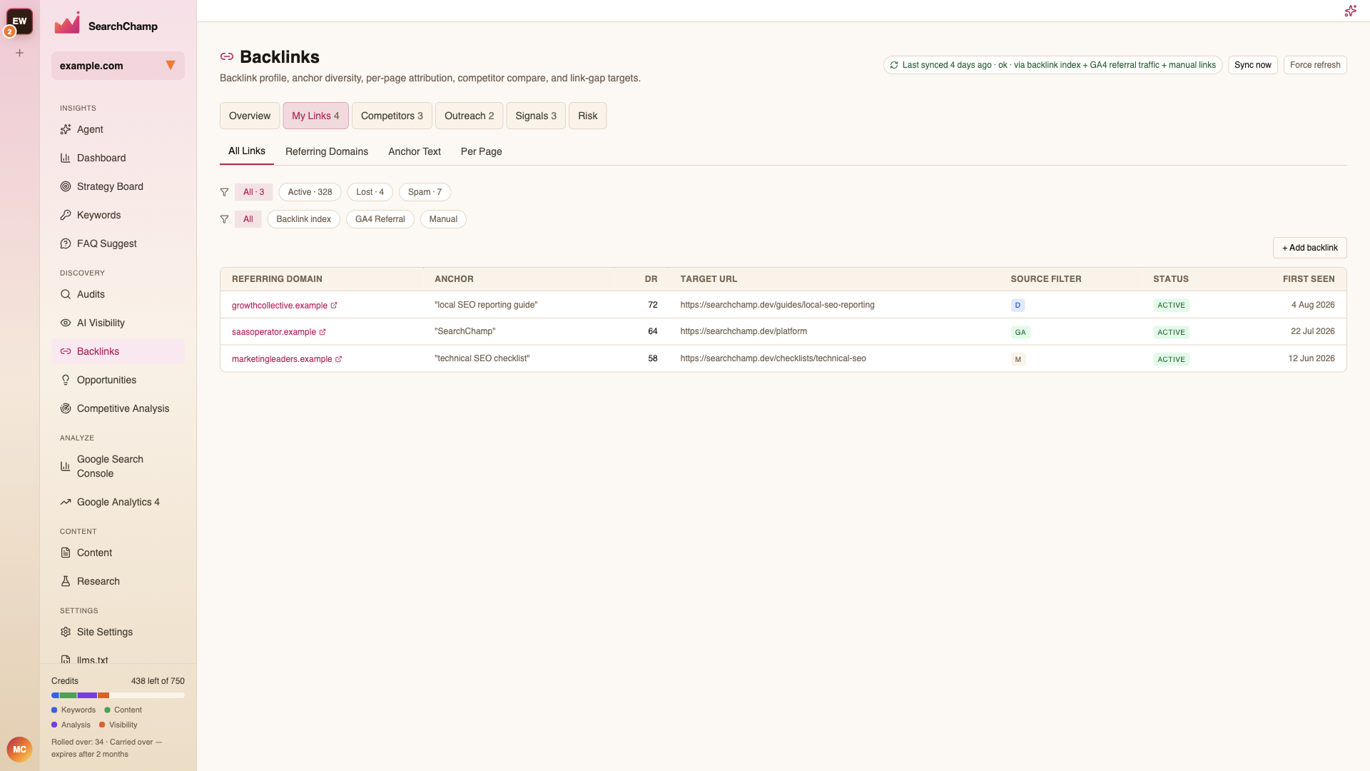 The All Links table with status and source filters