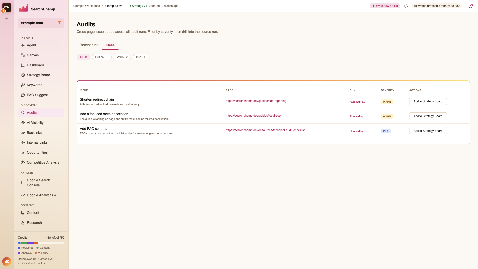 The Issues queue filtered by severity, with the affected page and source run for each issue