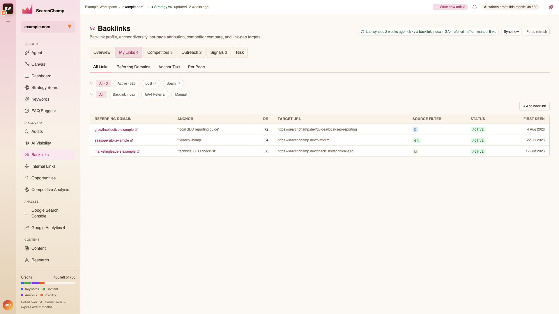 The My Links tab showing referring domains, anchors, and target URLs with Active/Lost/Spam filters