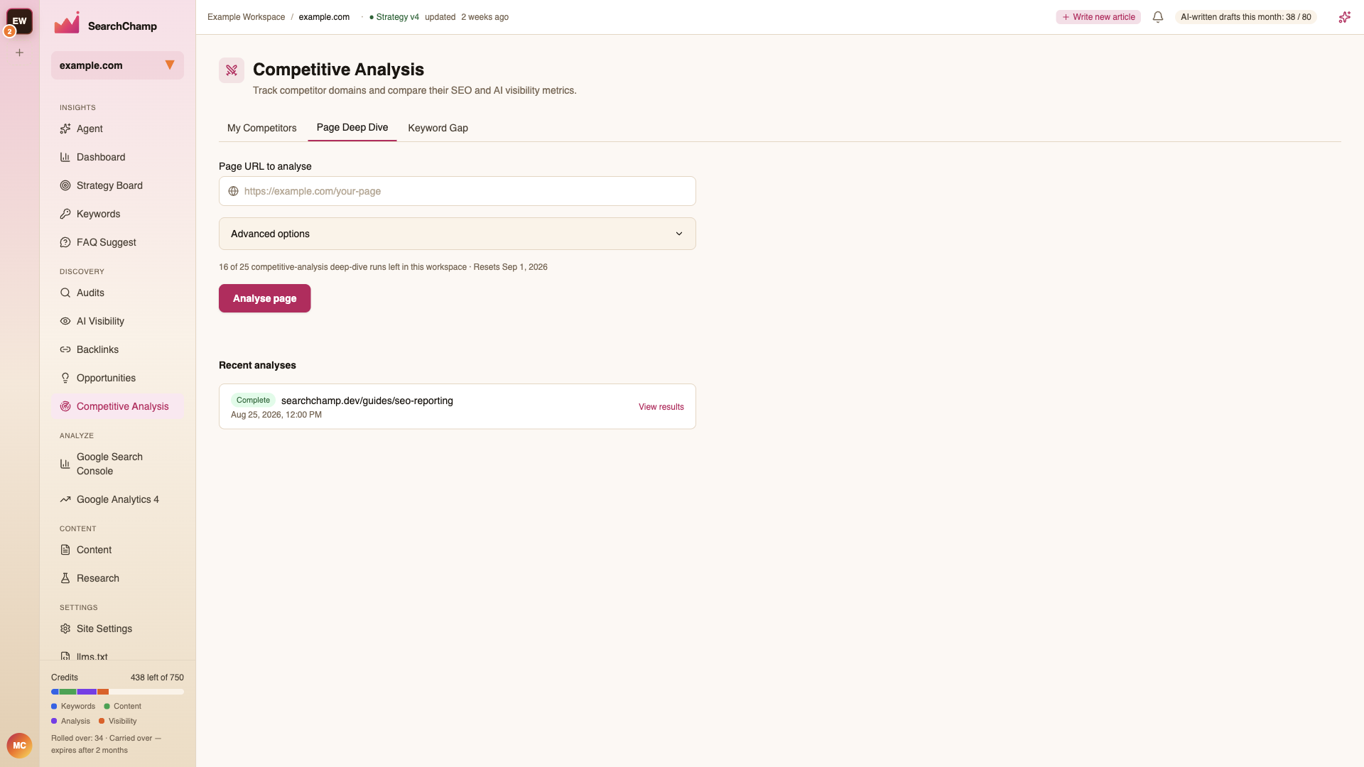 The Page Deep Dive tab with a URL input and recent analyses
