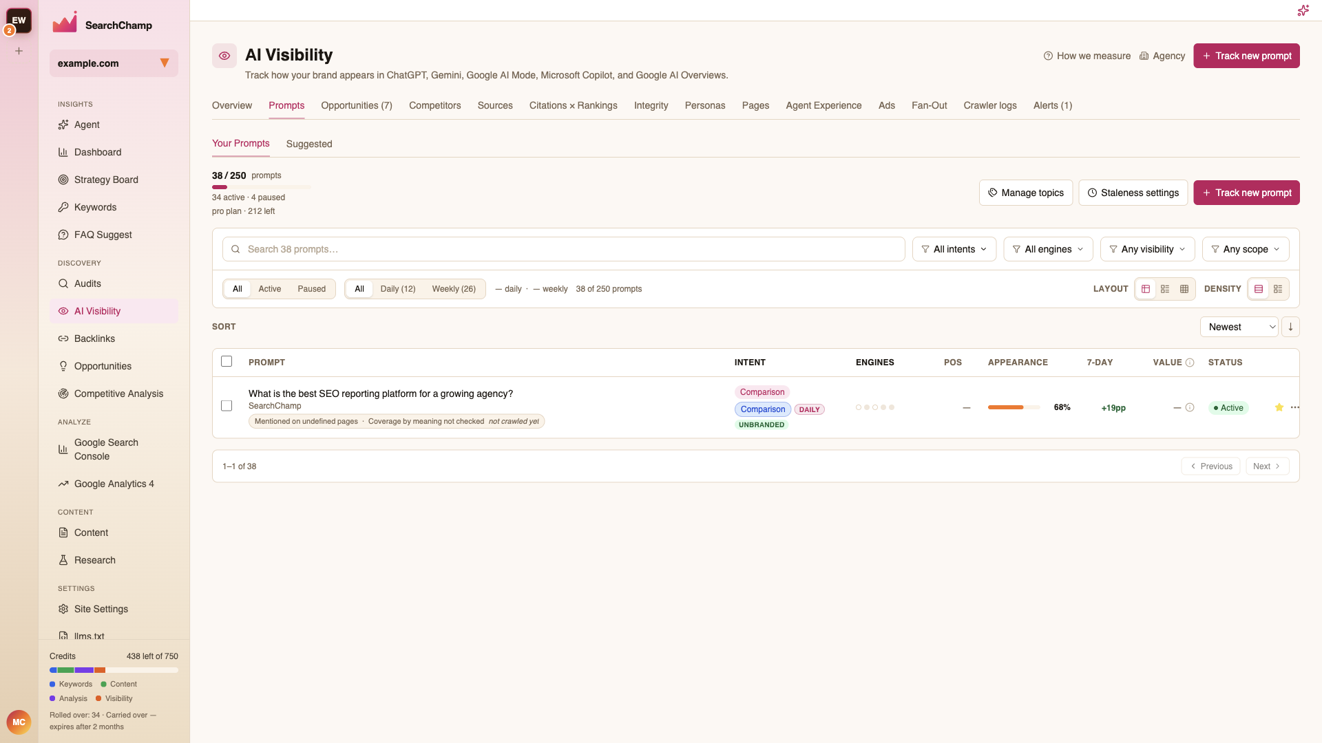 The Prompts tab with the quota, filters, and prompt table