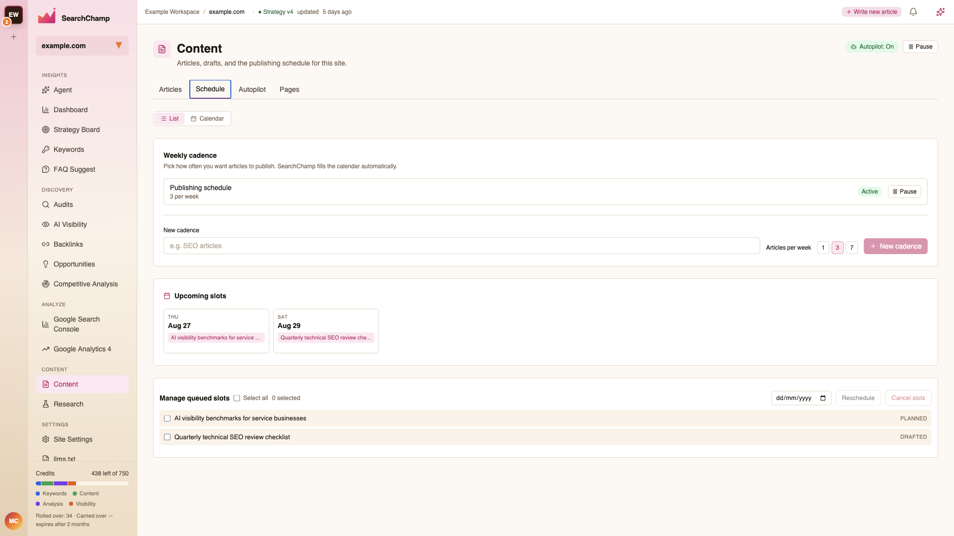 The Content Schedule tab with weekly cadence and the list/calendar toggle