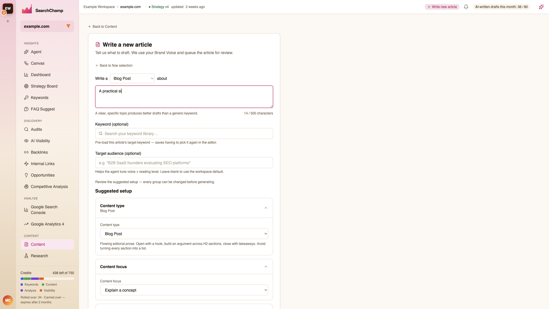 The Write a new article screen with Generate Article, Optimize Existing, and Import Brief options