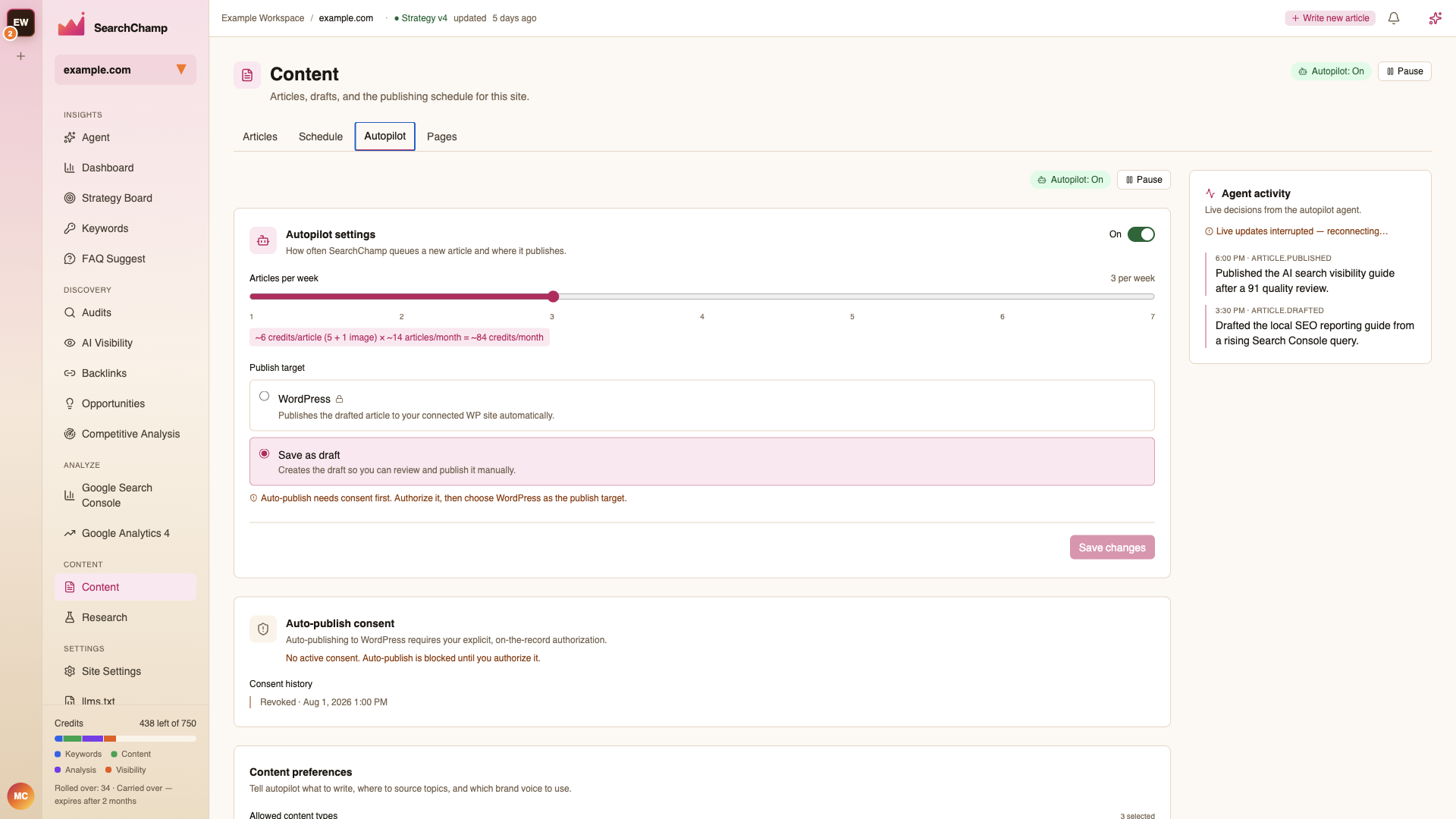 The Content Autopilot tab with its settings