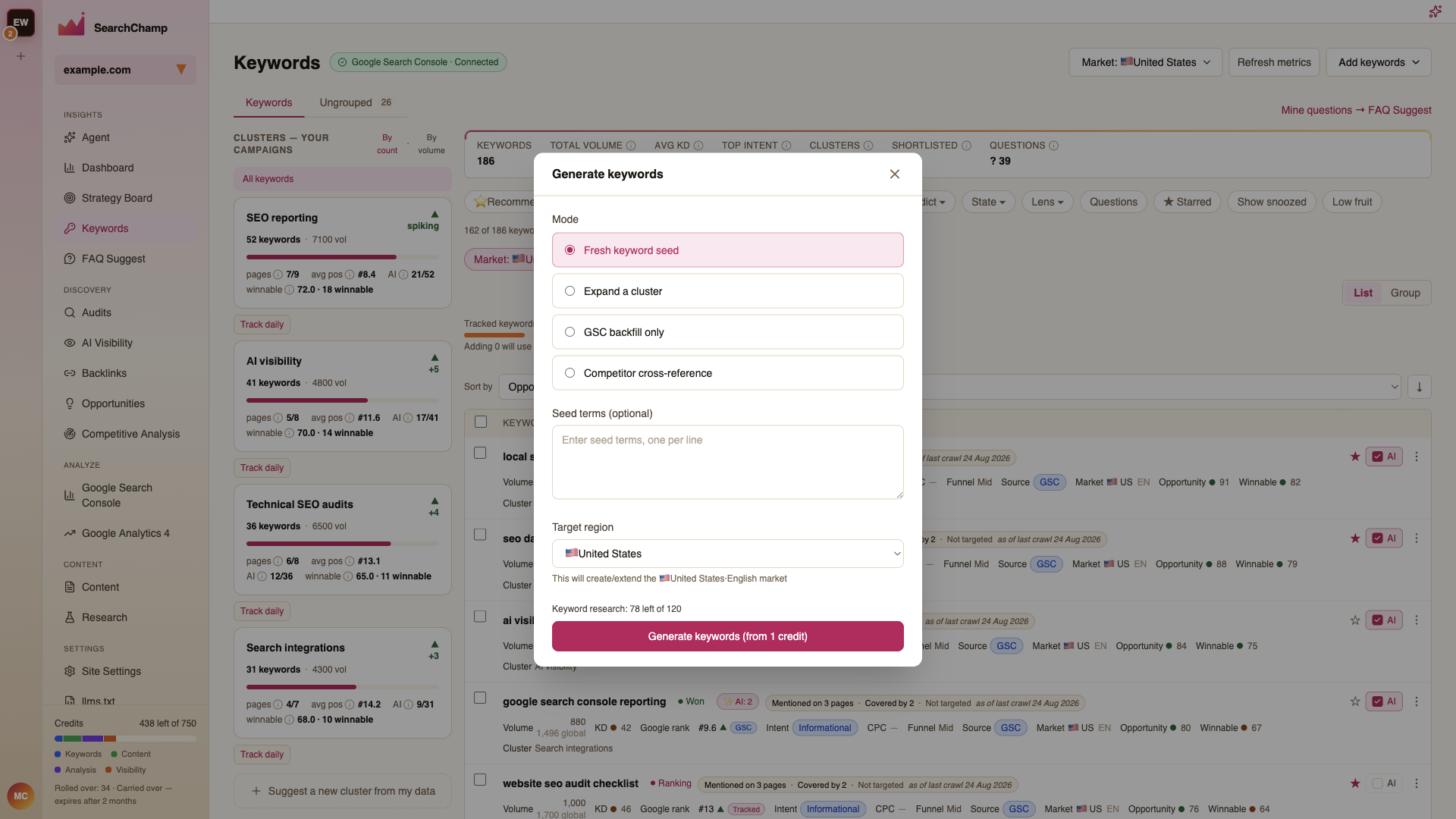 The Generate keywords dialog with mode, seed terms, and target region