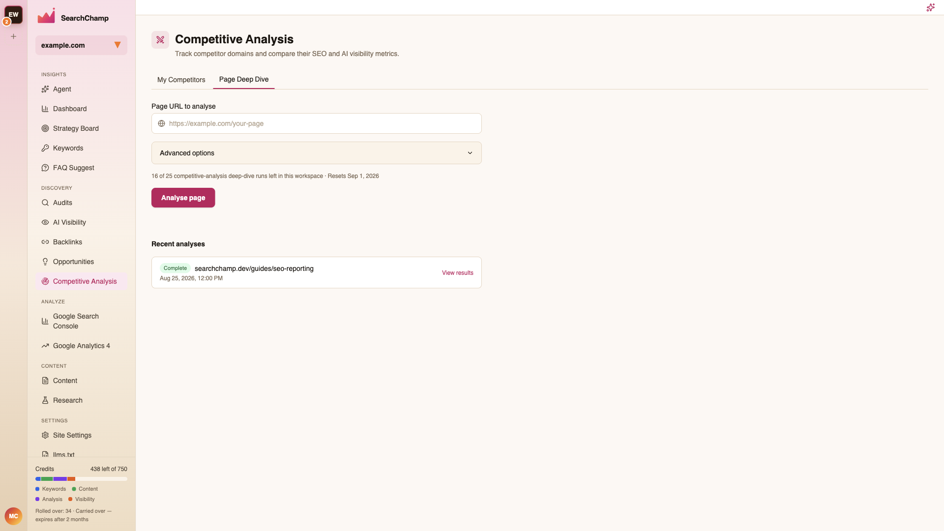 Page Deep Dive with the URL field, advanced options, and recent analyses