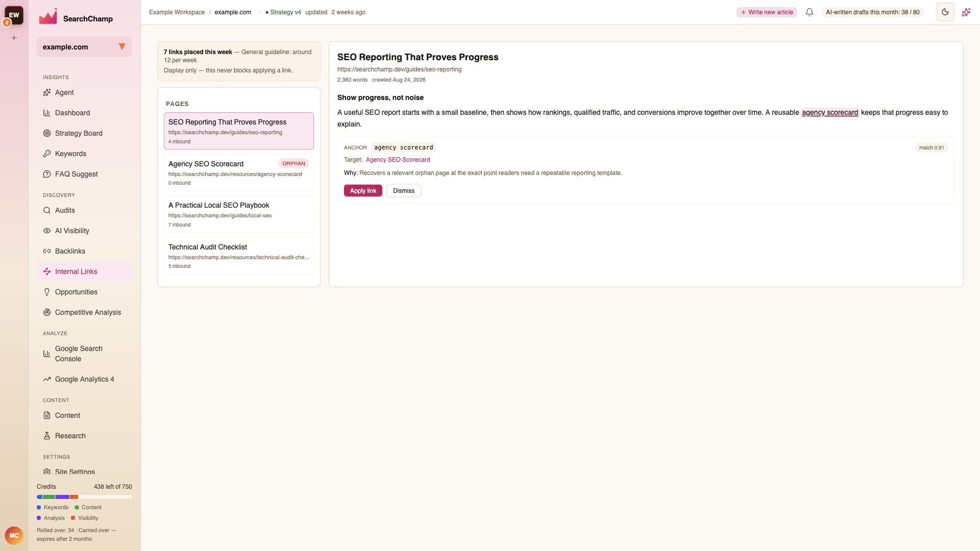 Internal Links page workbench with page selector, anchor context, target, match score, and apply action