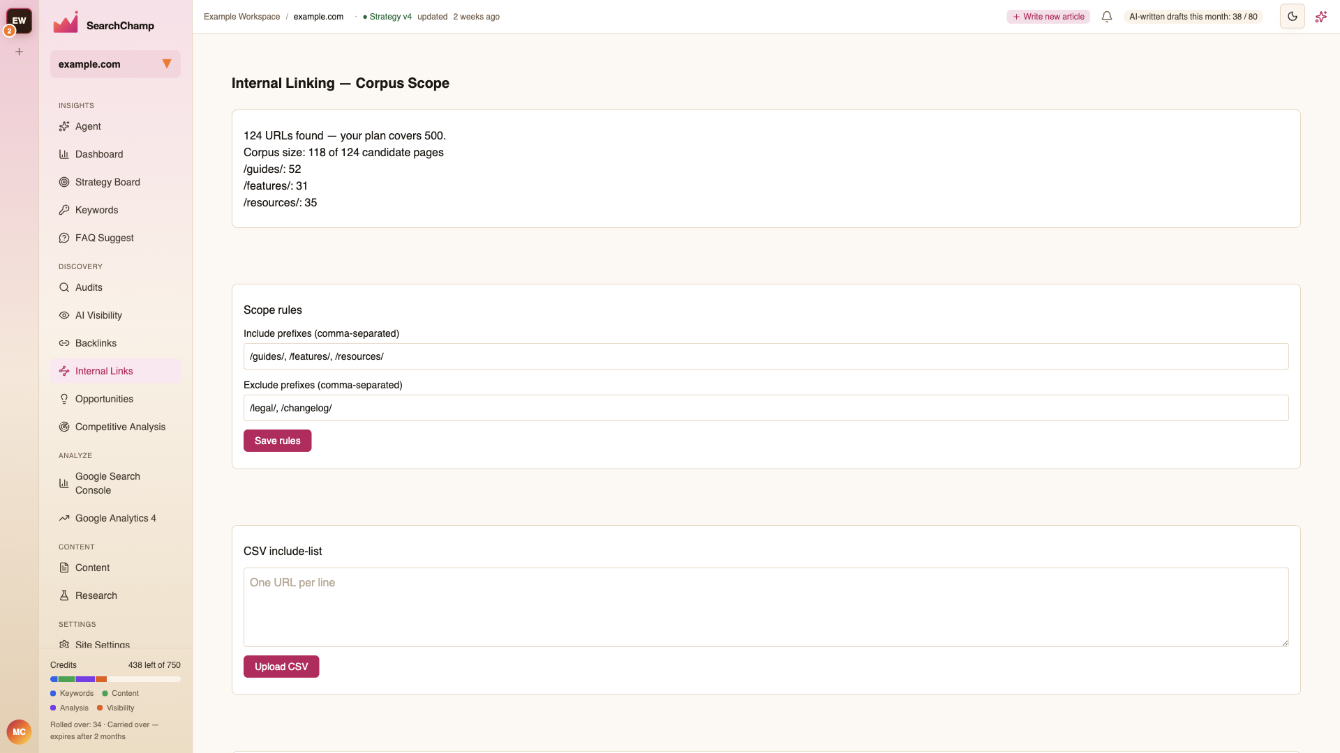 Internal Links corpus scope with URL counts, prefix rules, CSV include list, and sync controls
