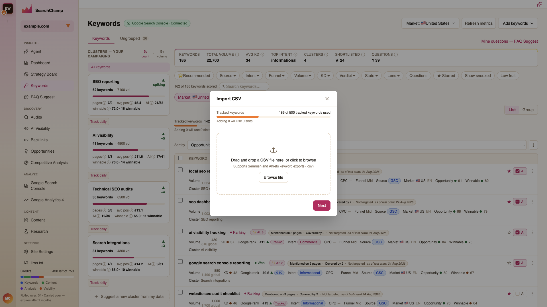 The CSV import dialog with the drag-and-drop area and tracked-keyword quota
