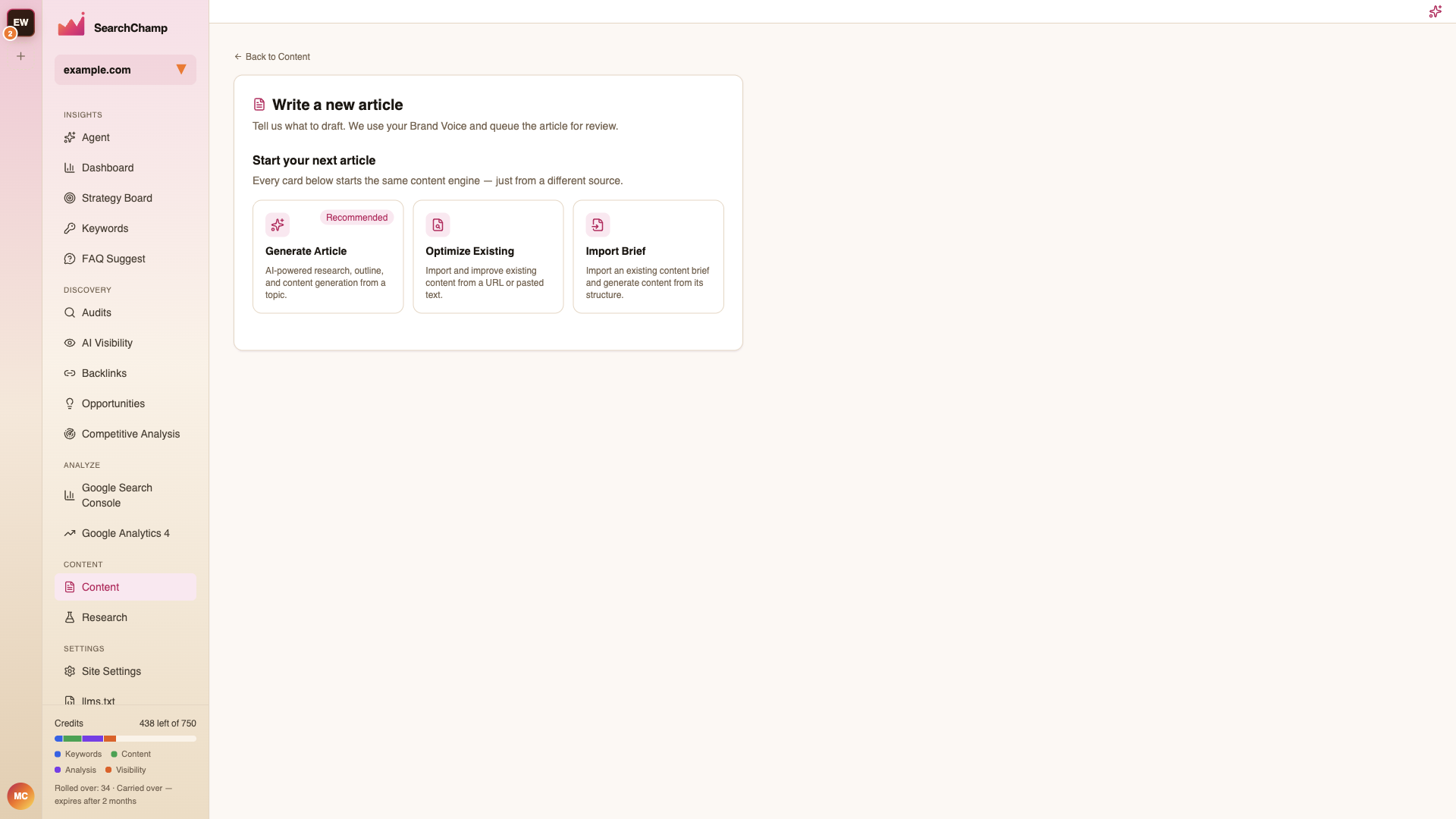 The Write a new article screen with its starting points