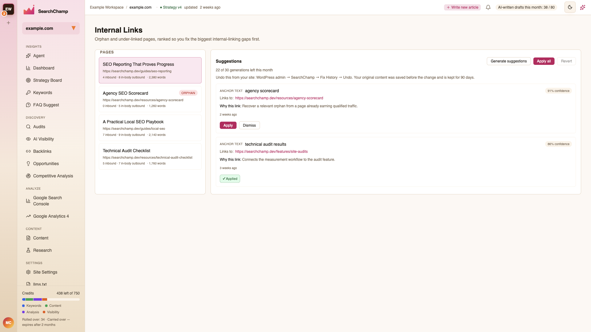 Legacy Internal Links opportunities with page queue, generation allowance, suggestions, and apply controls