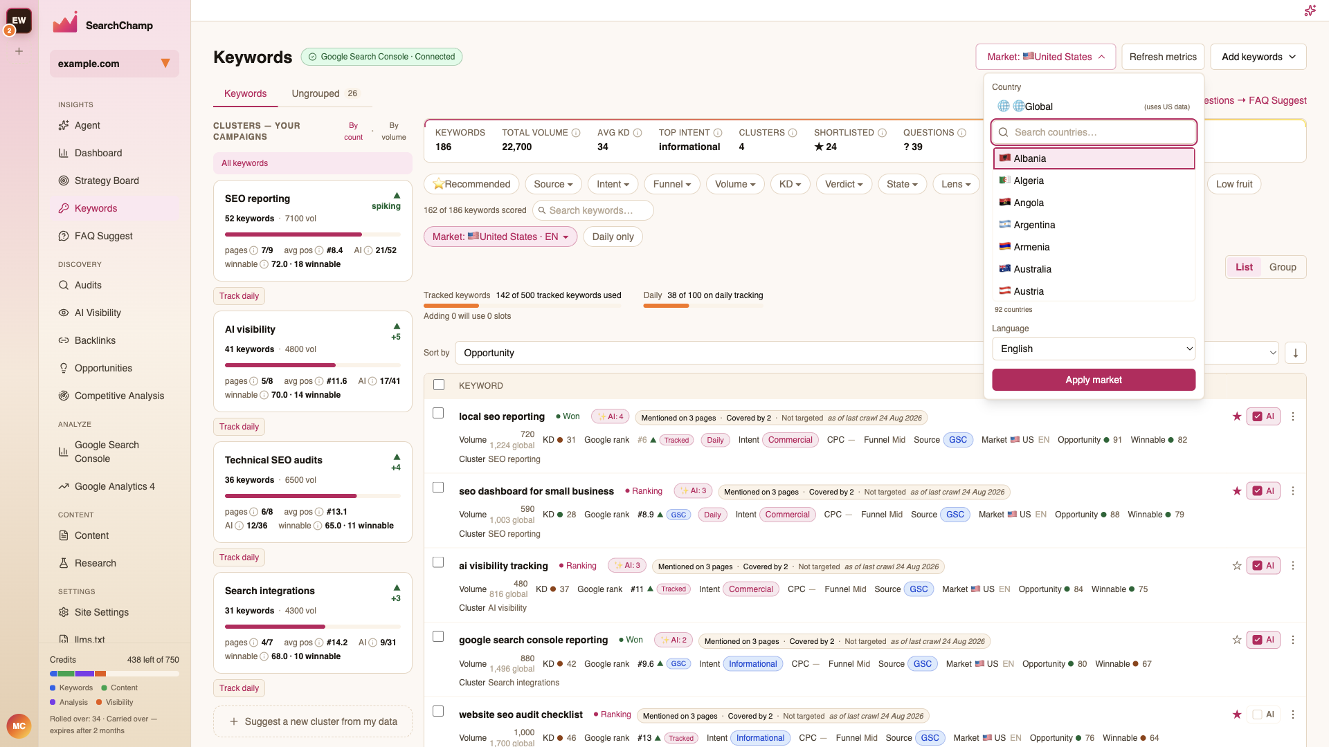 The keyword market picker with country search and language selector