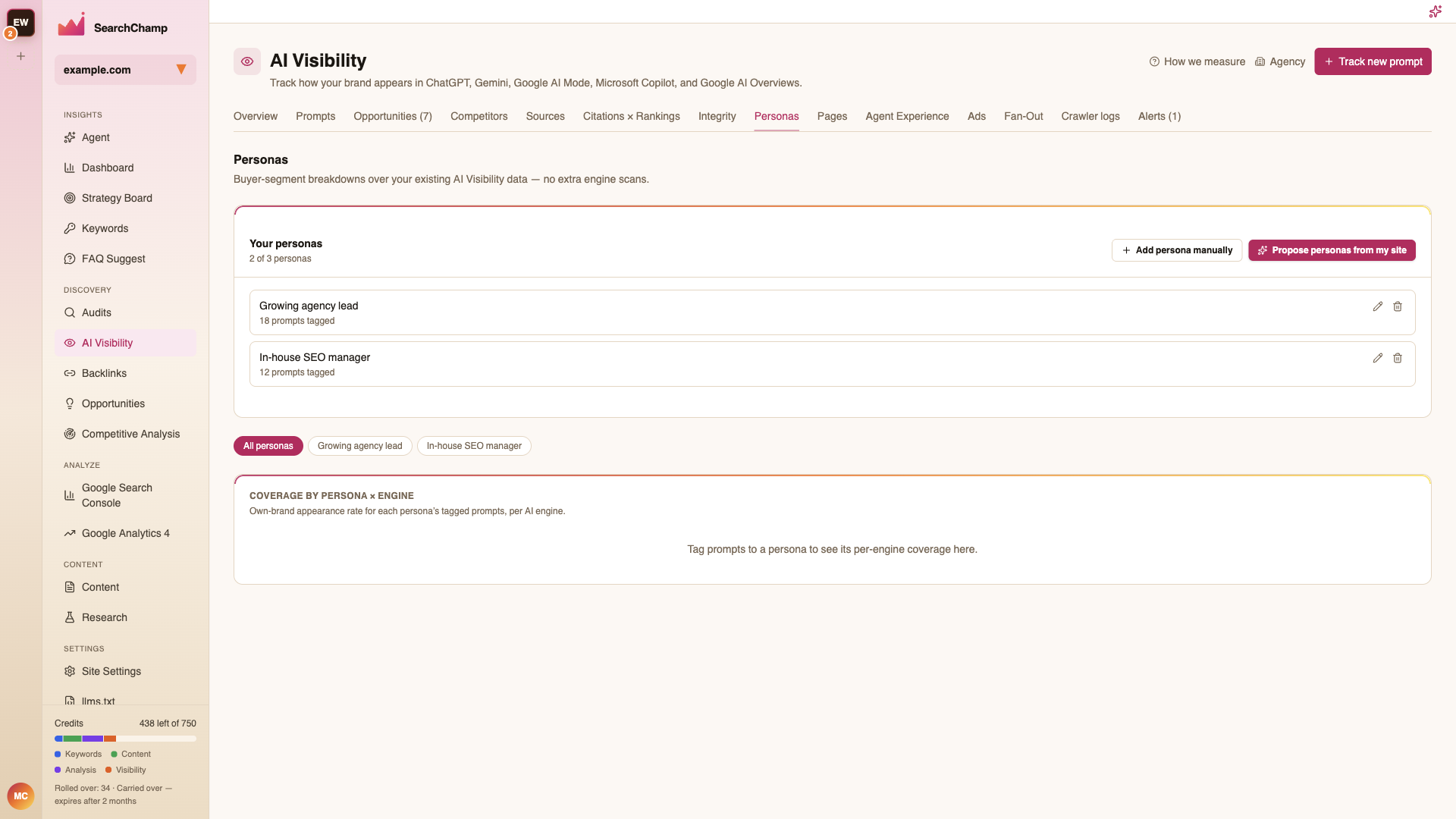 The Personas tab with your personas and per-engine coverage