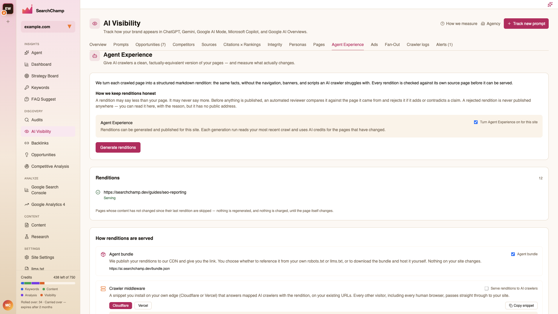 The Agent Experience tab with renditions and serving options