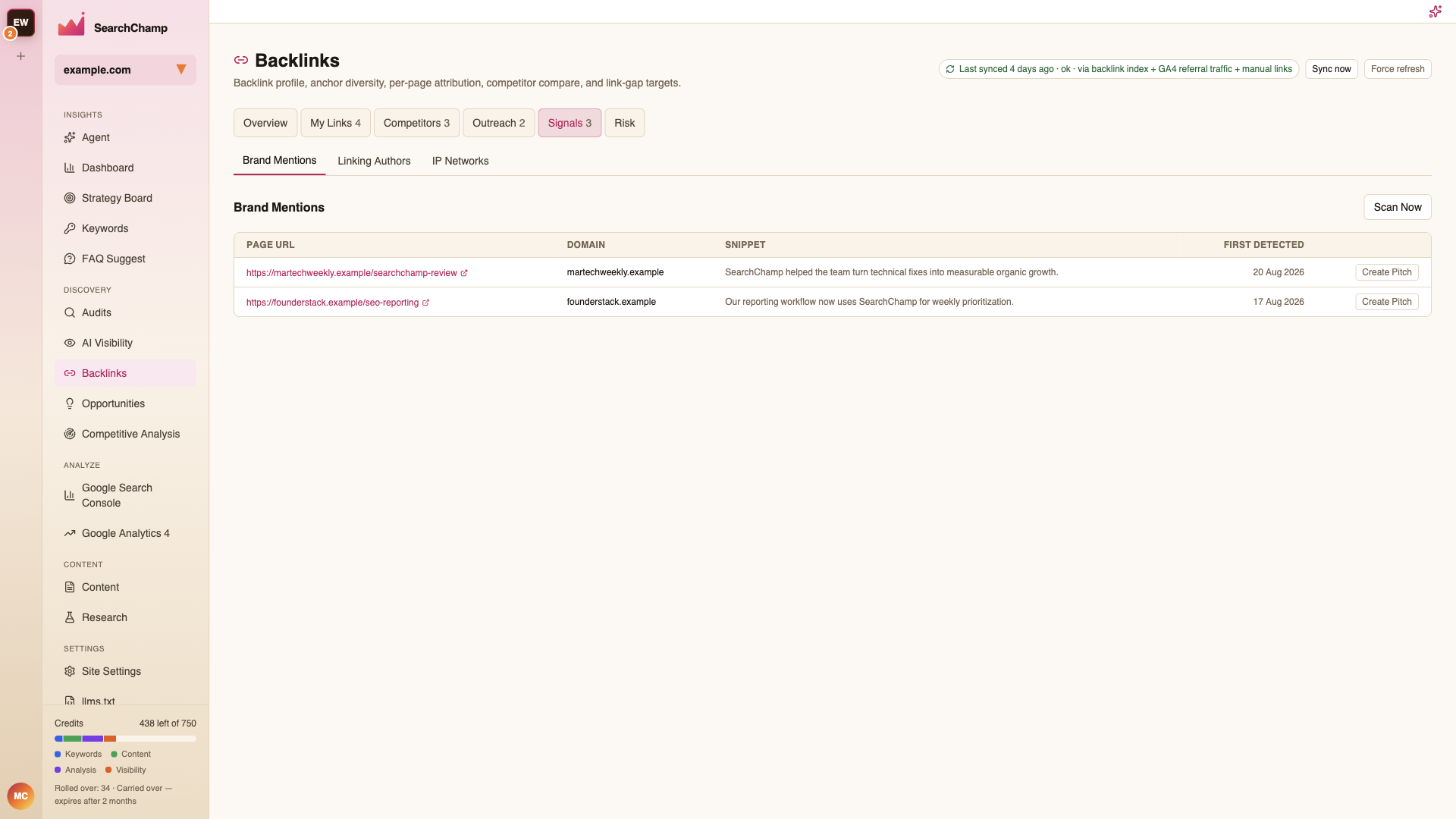 Brand Mentions with page URL, snippet, and first-detected date