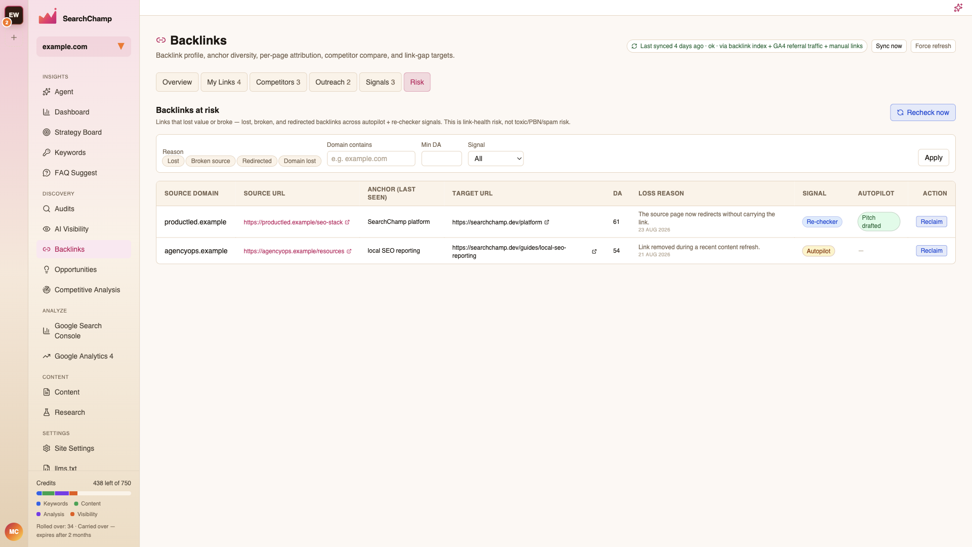 The Backlinks at risk table with reason and signal filters