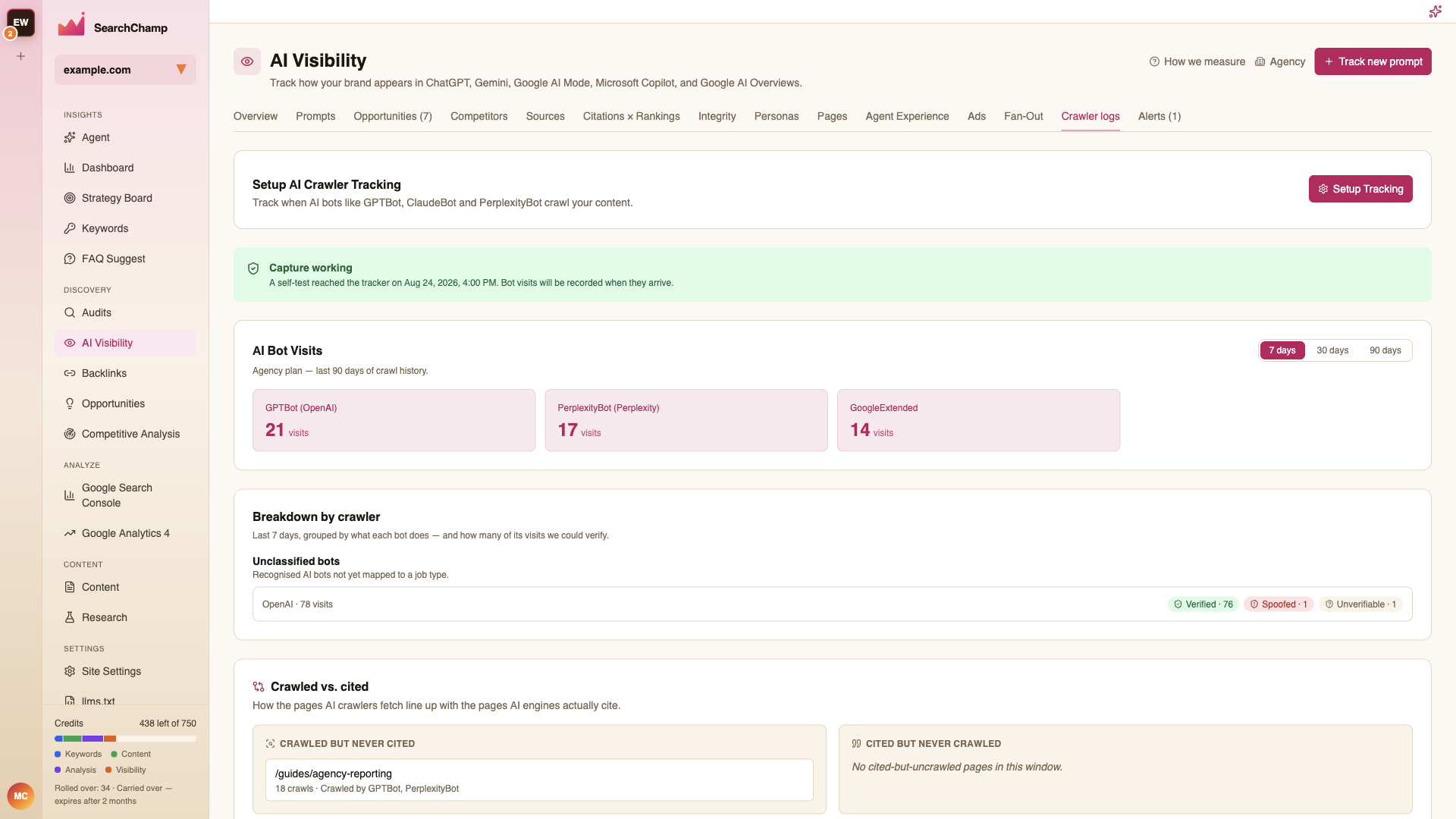 The Crawler logs tab with bot visit counts and verification